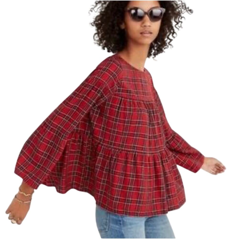 MADEWELL Women’s Red Plaid Tiered Bell Sleeve Button Back Top Medium